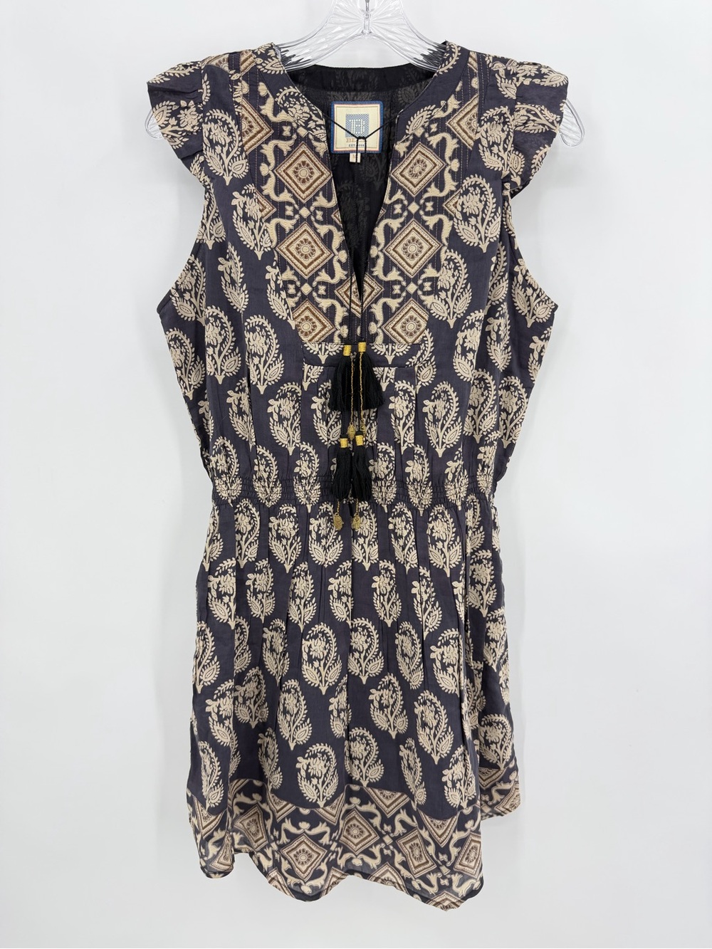 Bell by Alicia Bell Block Print Mini Dress Silk Blend Black Taupe Size M